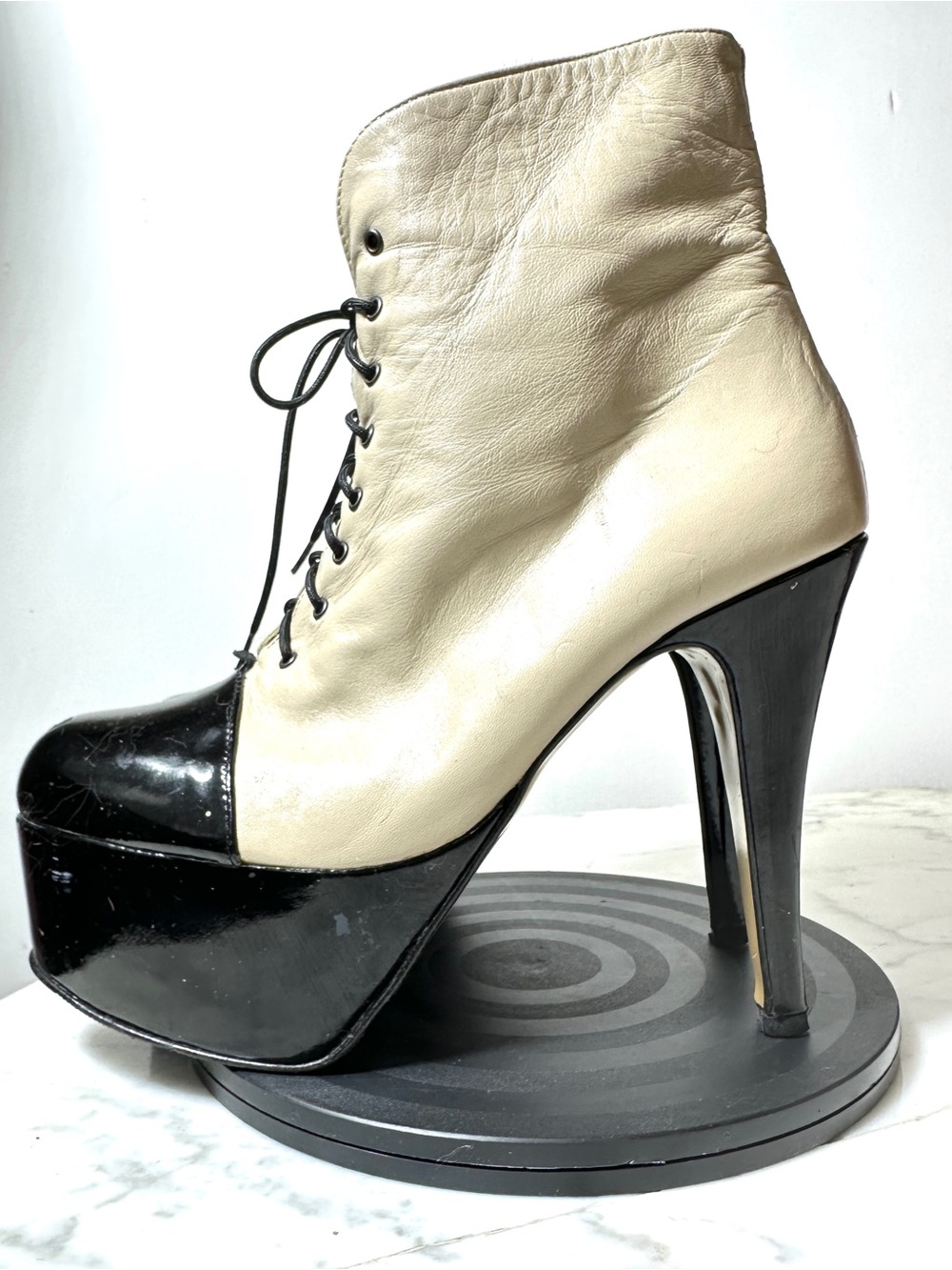 French Black and Cream Platform Lace-Up High Heel Booties